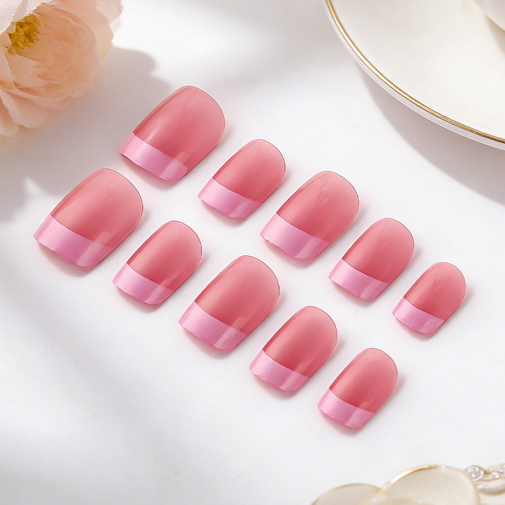 Chic Elegance Short Square Pink Glossy Nail Set with Dazzling French Tips
