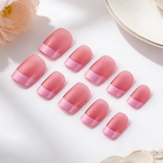 Chic Elegance Short Square Pink Glossy Nail Set with Dazzling French Tips