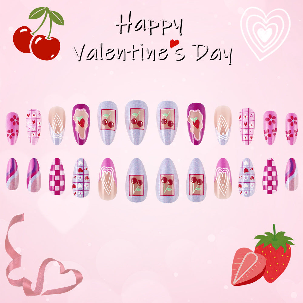 Cherry Blossom Romance Elegant Medium Almond Pink Press On Nail Set with Charming Heart and Floral Designs