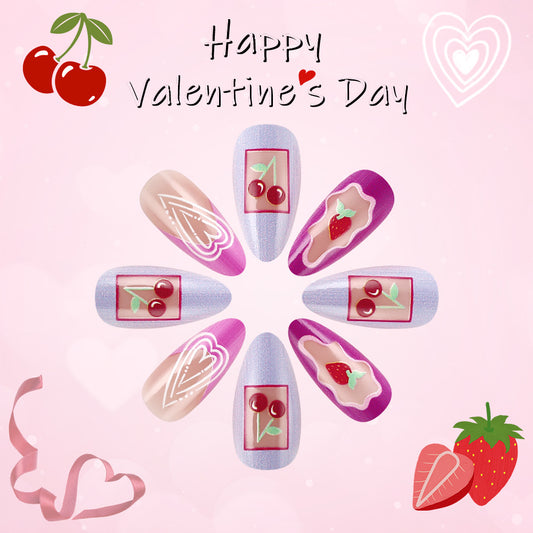 Charming Valentine Themed Long Almond Shape Purple and Pink Press On Nail Set with Fruit Design Accents