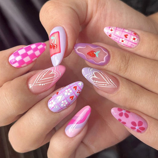 Sweet Romance Long Almond Press Nails in Pink Pastel with Charming Heart and Fruit Designs