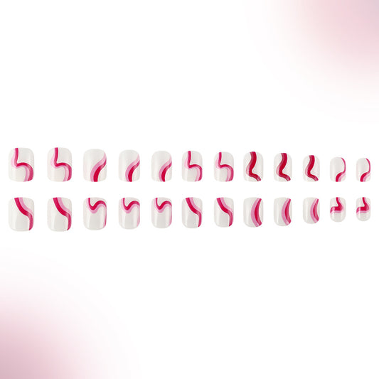Whimsical Waves Short Square Long White and Pink Abstract Nail Press-on Set