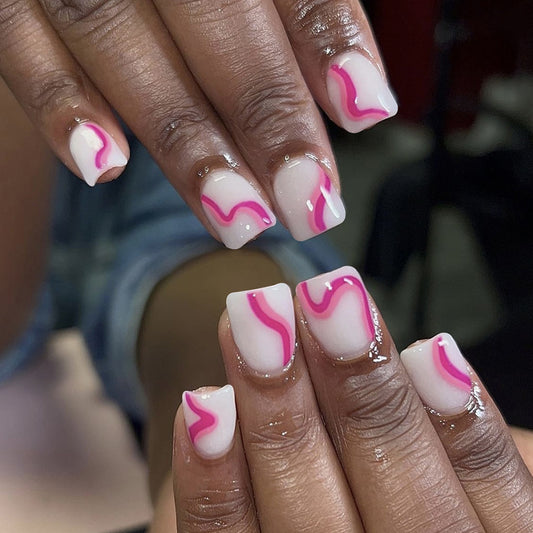 Chic Whimsical Short Square Press On Nail Set in Soft Pink White with Modern Wavy Design