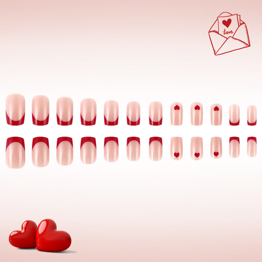 Romantic Elegance Short Square Blush Pink with Bold Red Tips and Heart Design Press On Nail Set
