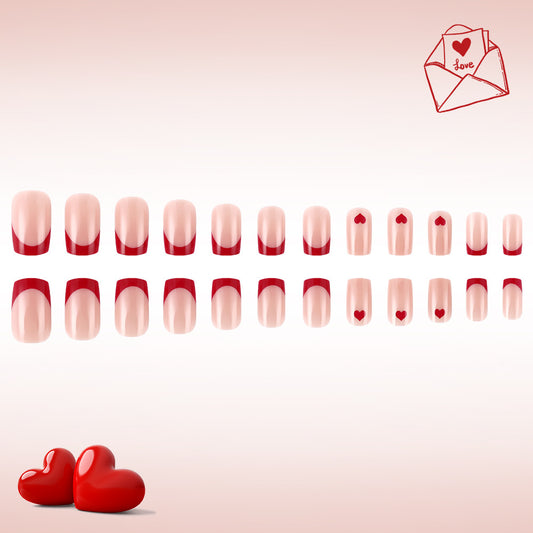 Romantic Elegance Short Square Blush Pink with Bold Red Tips and Heart Design Press On Nail Set