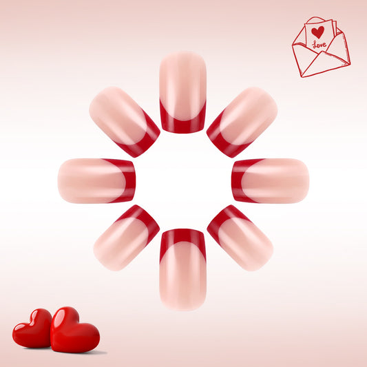 Love Inspired Elegant Short Square Shaped Soft Pink Nails with Bold Red Edge Highlight