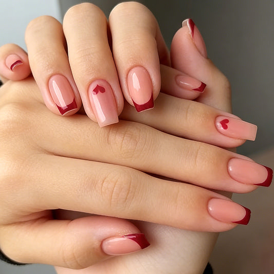 Charming Romance Medium Square Matte Pink Nails with Heart Accents