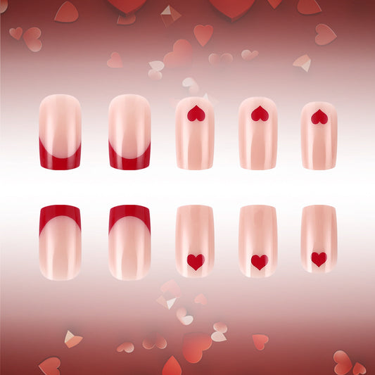 Romantic Heartbeat Medium Square Beige Red Designs Press On Nail Set