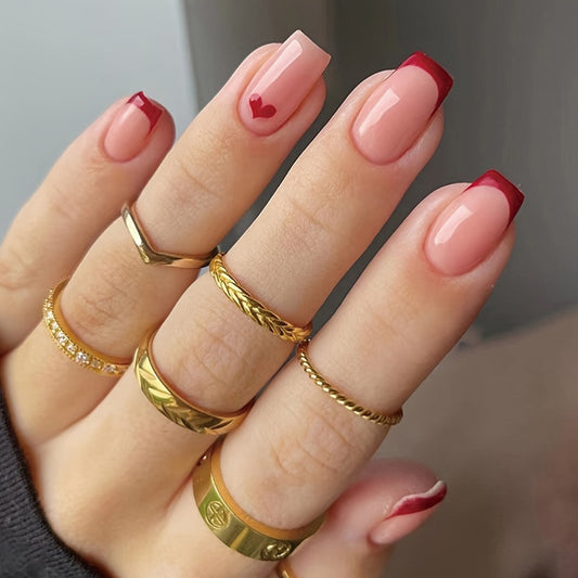 Charming Romance Elegant Medium Square Peach with Bold Red Tips and Heart Detail Press-On Nail Set