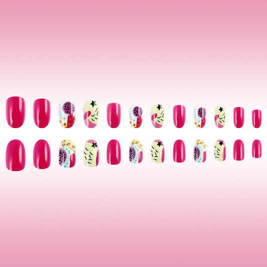 Tropical Vibes Short Oval Bright Pink Nail Set with Exotic Fruit Design