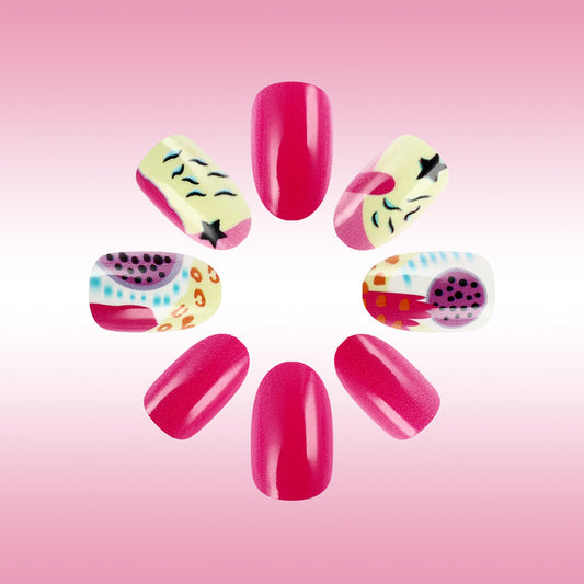 Cosmic Vibes Short Oval Pink Press-On Nail Set with Unique Artistic Designs