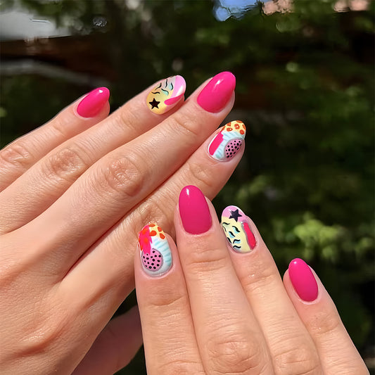 Whimsical Wonderland Short Oval Pink with Artistic Designs Press On Nail Set