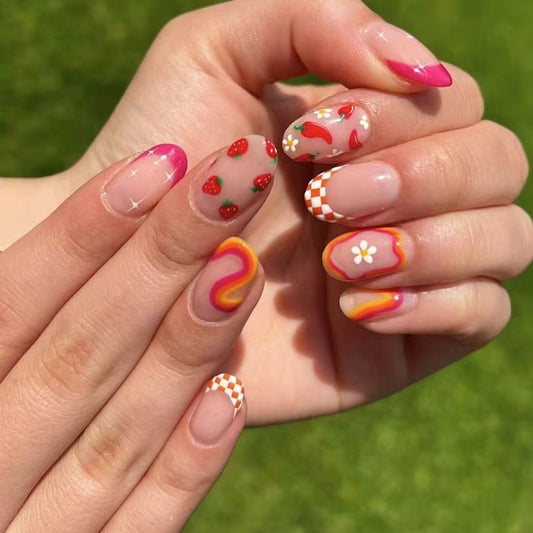 Fruit Fiesta Long Almond Pink Yellow and Red Colorful Design Press On Nail Set