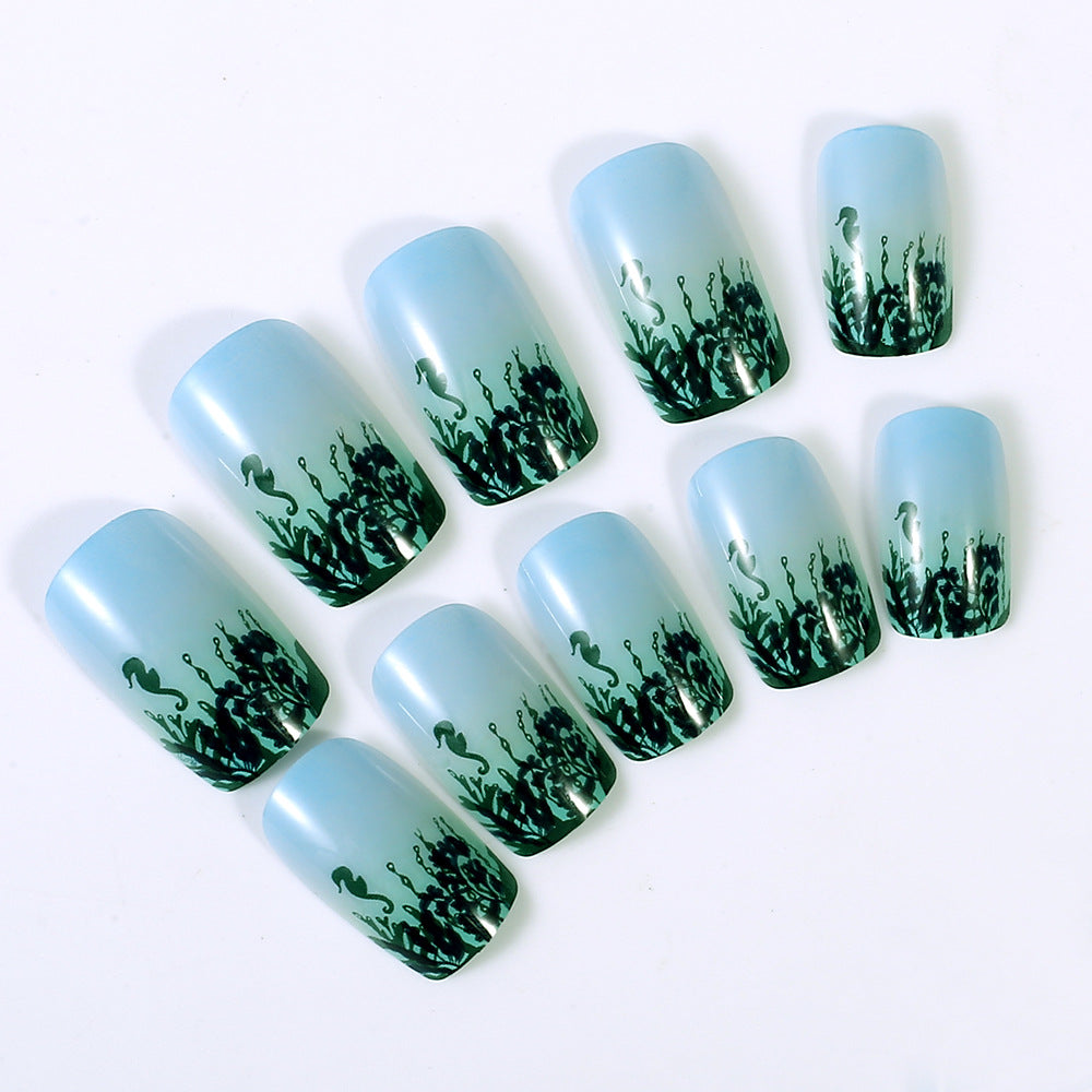 Mystical Ocean Vibes Medium Square Matte Blue with Intricate Underwater Design Press on Nail Set