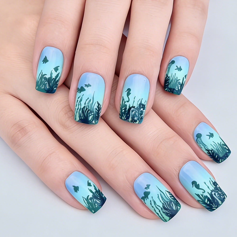Underwater Fantasy Medium Square Blue and Green Gradient with Oceanic Sea Life Art Press On Nail Set