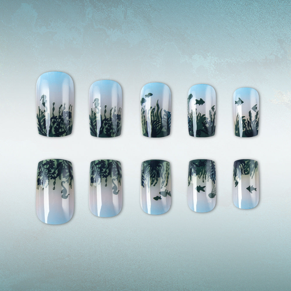Underwater Serenity Medium Square Optimized Length Gradation Blue and Green Oceanic Scene Press On Nail Set
