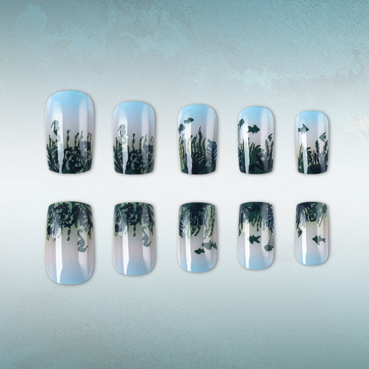 Underwater Serenity Medium Square Optimized Length Gradation Blue and Green Oceanic Scene Press On Nail Set