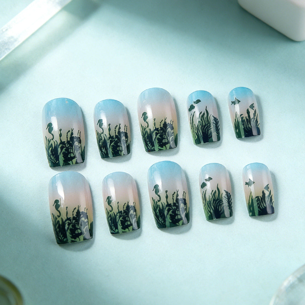 Underwater Oasis Medium Square Sky Blue Ombre with Delicate Marine Life Design Press On Nail Set