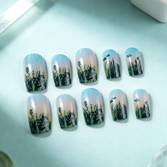 Underwater Oasis Medium Square Sky Blue Ombre with Delicate Marine Life Design Press On Nail Set