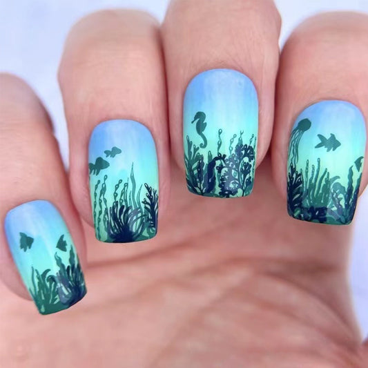 Underwater Wonderland Medium Square Blue and Green Gradient with Marine Life Design Press On Nail Set