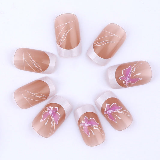 Whimsical Garden Soft Medium Square Beige Press-On Nails with Silver Tips and Floral Accents