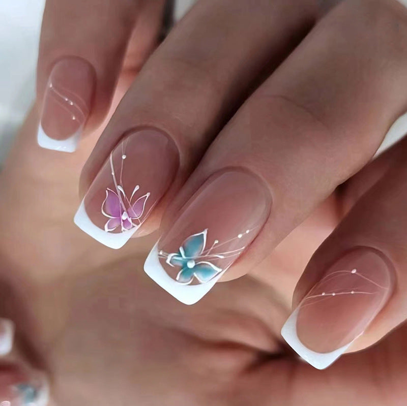 Whimsical Butterfly Art Medium Square Nails in Elegant Clear with Charming Floral Accents