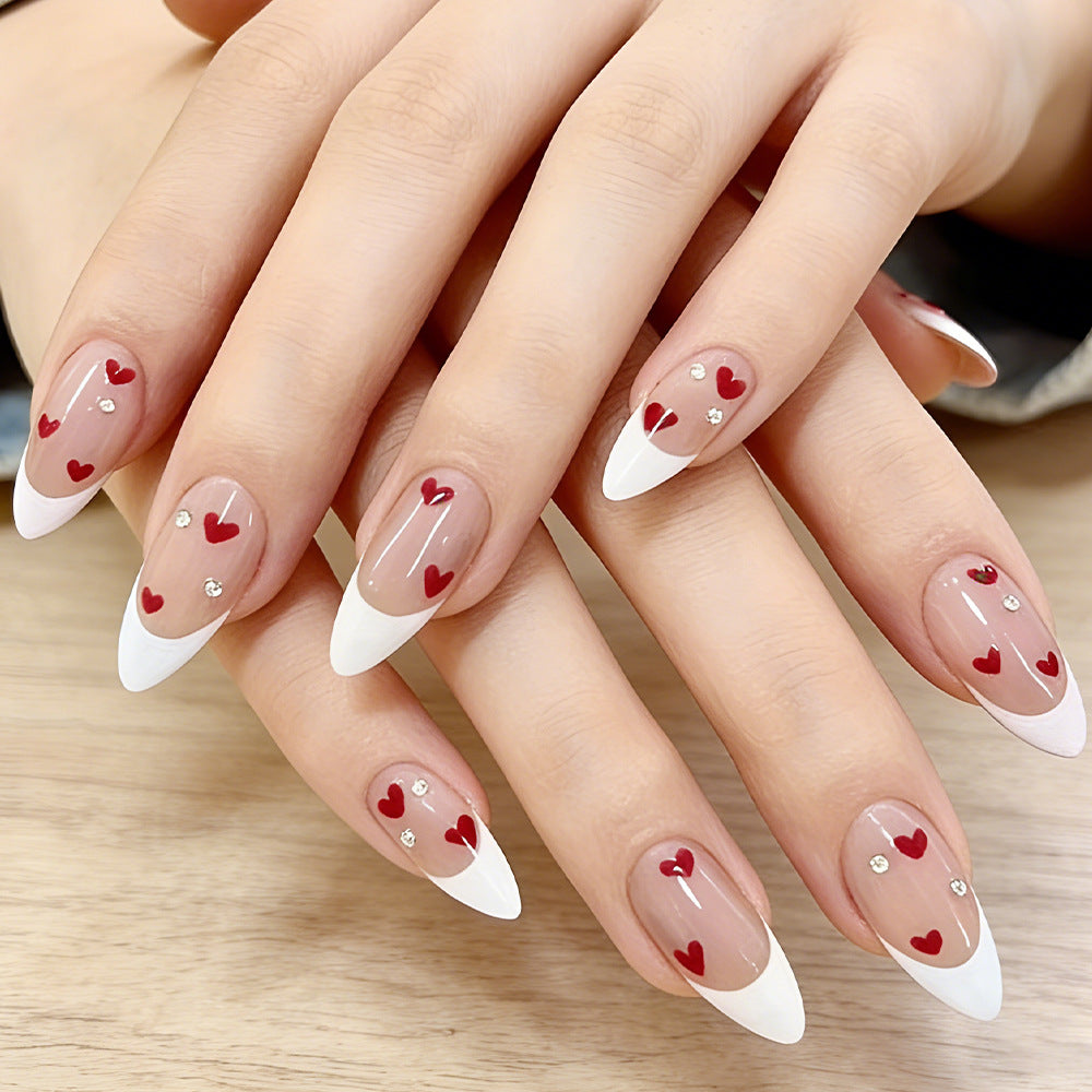 Charming Romance Long Almond Red Heart Accented French Tip Nail Set