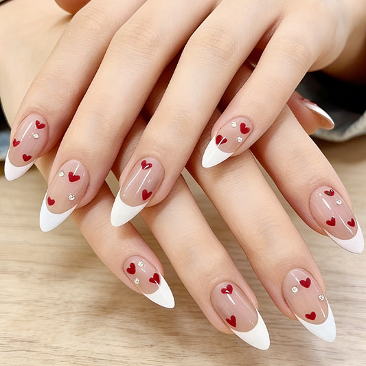 Charming Romance Long Almond Red Heart Accented French Tip Nail Set