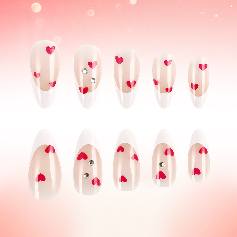 Romantic Bliss Long Almond Beige with Red Hearts and Sparkling Gems Press On Nail Set