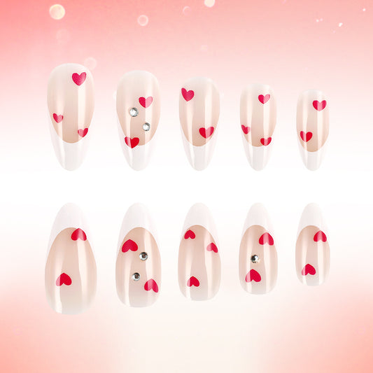 Romantic Bliss Long Almond Beige with Red Hearts and Sparkling Gems Press On Nail Set