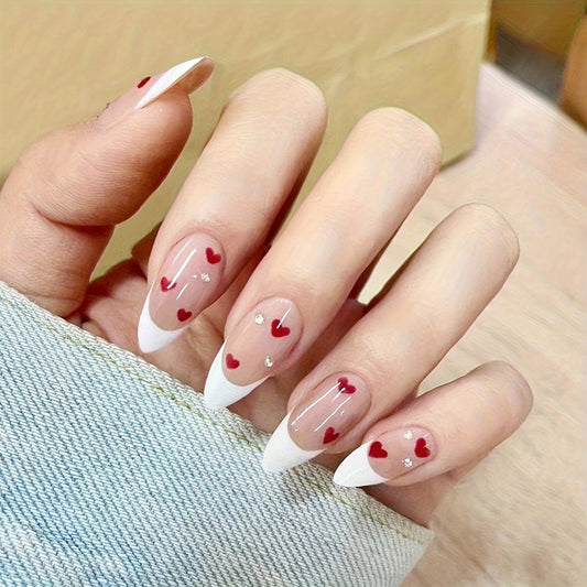 Romantic Heart Day Long Stiletto Press On Nail Set Red White Clear Design with Sparkling Accents