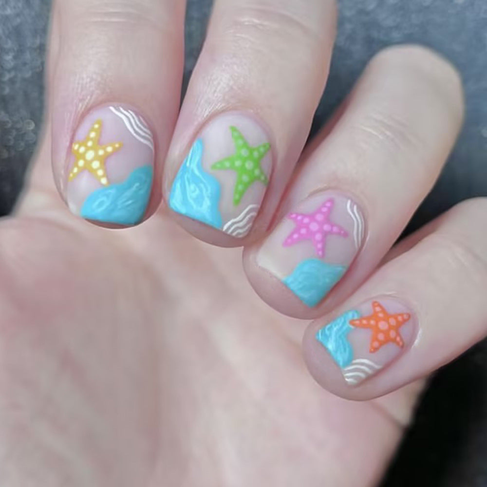 Beach Vibes Short Square Colorful Starfish Press On Nail Set with Ocean Wave Design