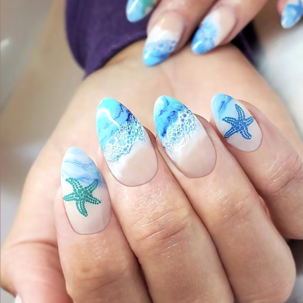 Oceanic Bliss Long Almond Blue Marble Press On Nail Set with Starfish Design