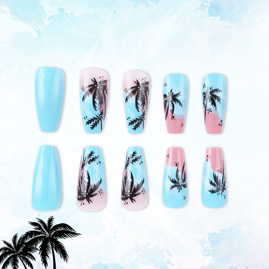 Tropical Paradise Long Coffin Blue and Pink Ombre with Palm Tree Design Press on Nail Set