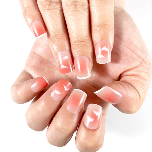 Romantic Sunset Long Square Press On Nail Set in Coral Pink with Cloud Design