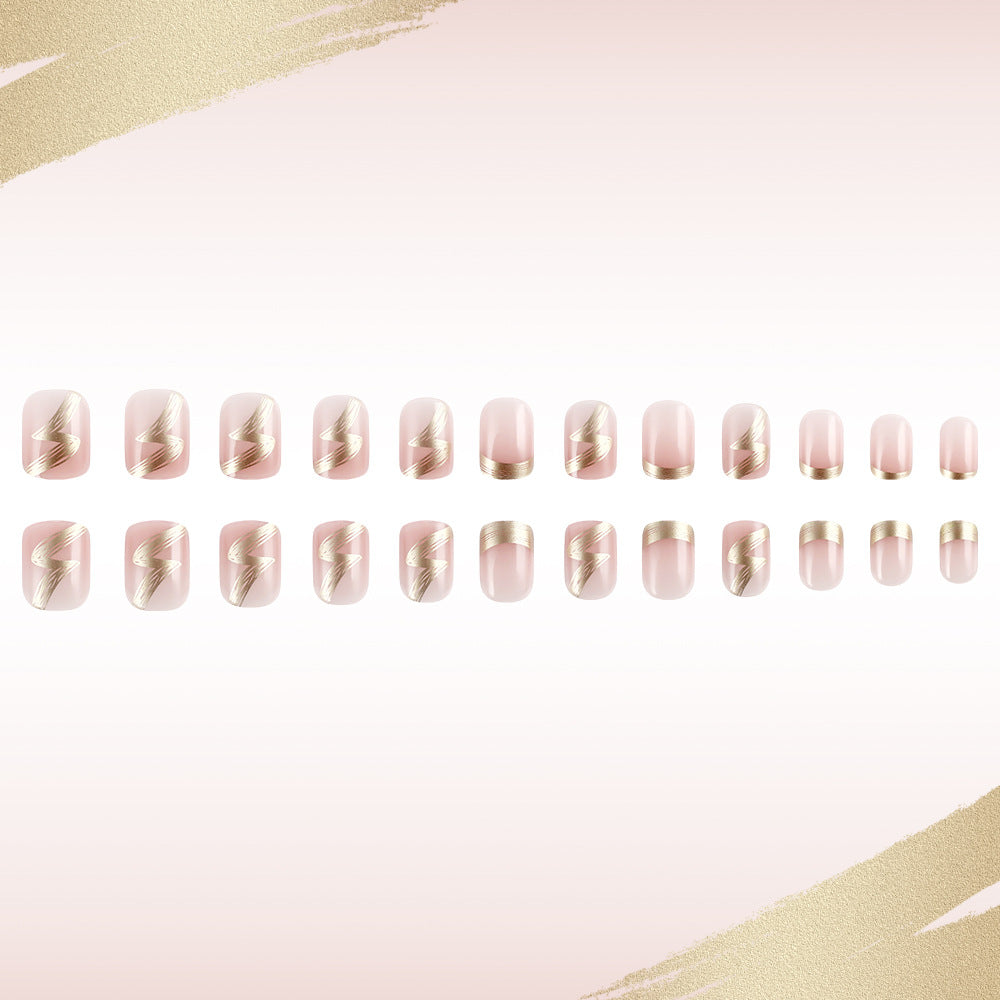 Glamorous Elegance Short Square Pink Nails with Golden Lightning Design