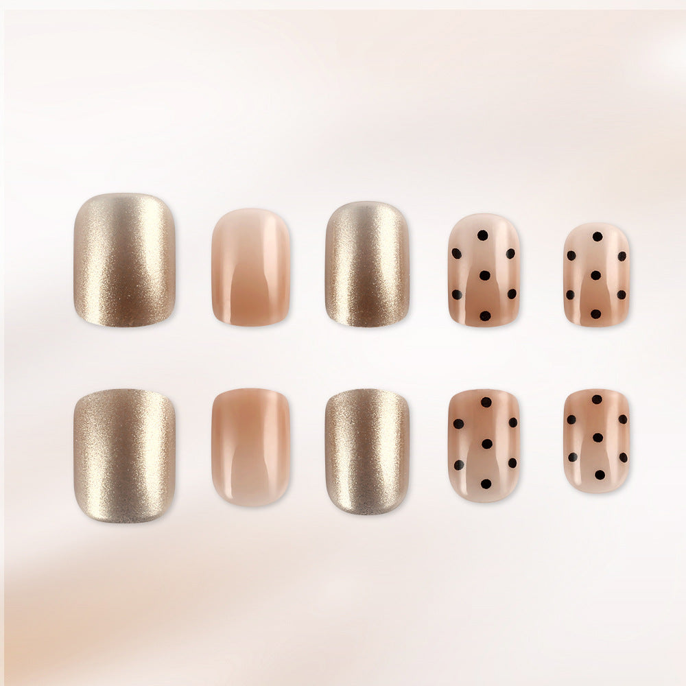 Glamourous Beige Elegance Short Square Gold Shimmer Polka Dot Press On Nail Set