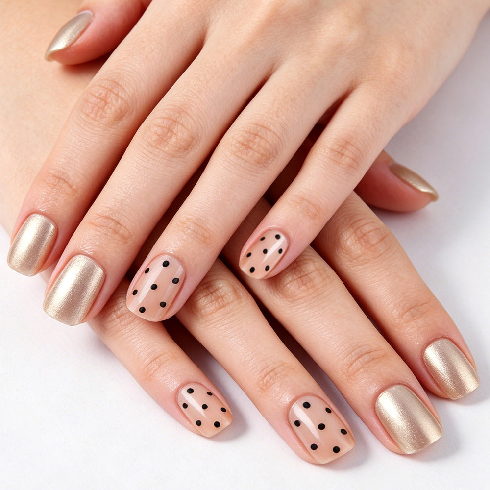 Elegant Polka Dot Design Short Square Beige with Glossy Finish Press on Nail Set