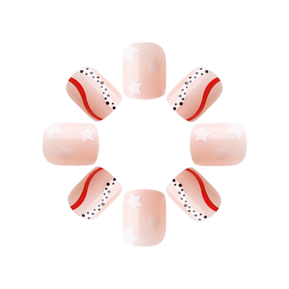 Dreamy Stars Short Square Peach Press-On Nail Set with Stylish Waves and Dazzling Dot Accents