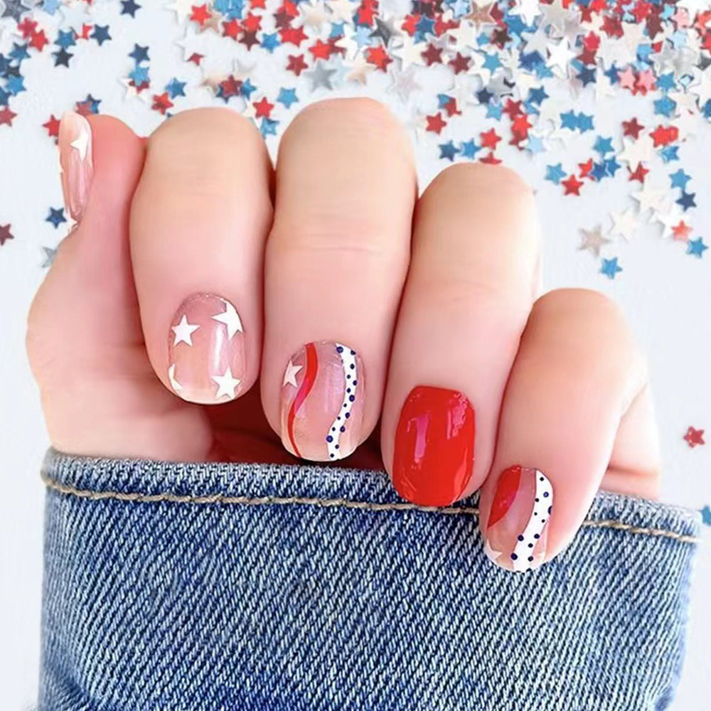 Festive Celebration Short Square Red and Beige with Star and Stripe Accent Press-On Nail Set