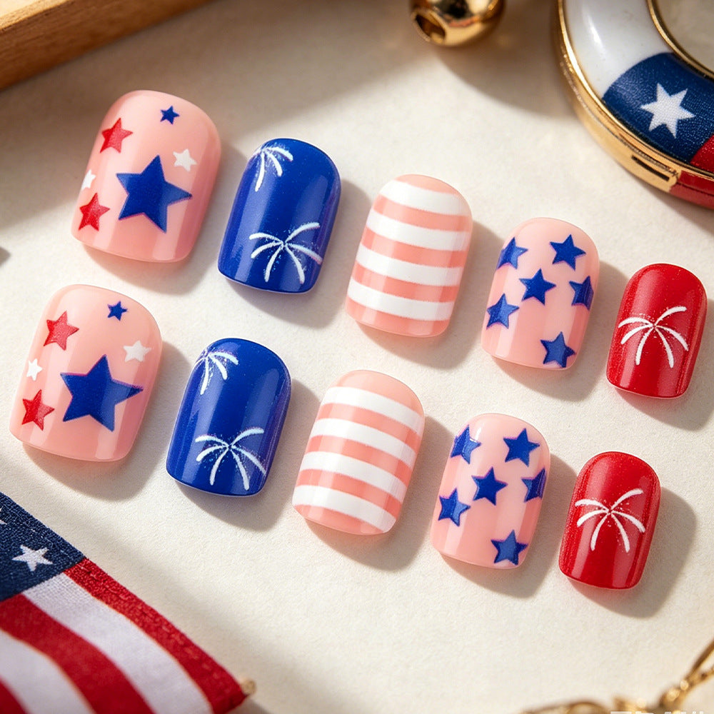 Patriotic Celebration Short Square Red and Blue Stars with Stripes Nail Set