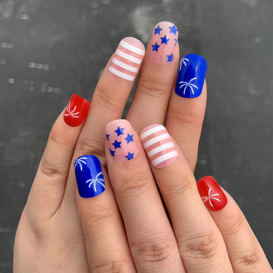 Patriotic Celebration Medium Square Red Blue and White Press On Nail Set with Star and Stripe Designs