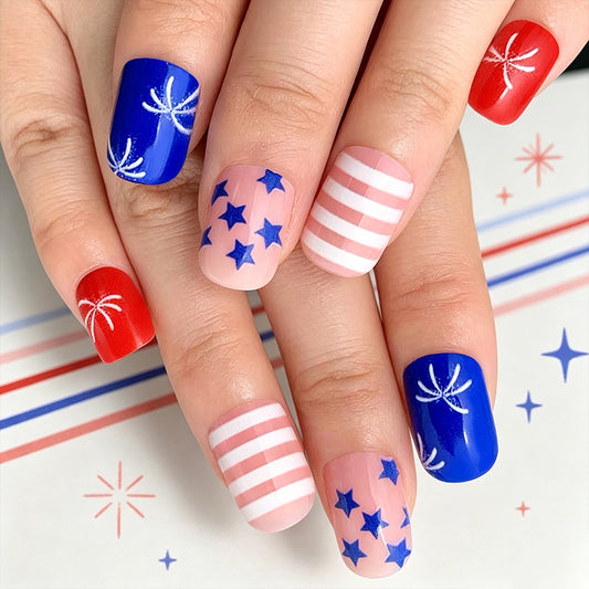 Festive Stars Short Square Red and Blue with Sparkling Designs Nail Set