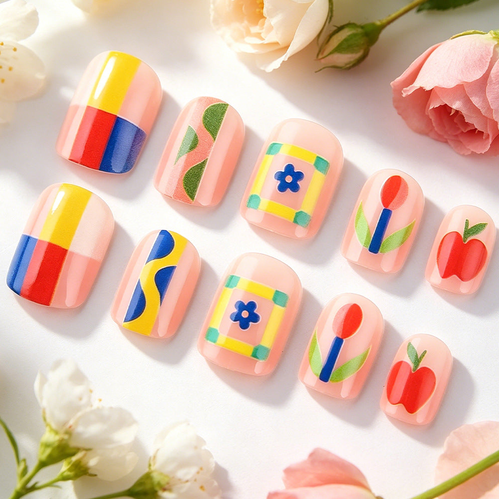 Bold Artistry Short Square Pink Nail Set with Vibrant Geometric Patterns