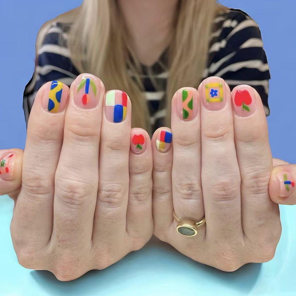 Artistic Fun Length Short Shape Oval Color Multi-Color Feature Unique Hand-Painted Designs Press On Nail Set