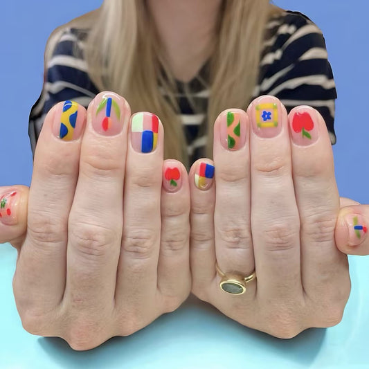 Artistic Fun Length Short Shape Oval Color Multi-Color Feature Unique Hand-Painted Designs Press On Nail Set