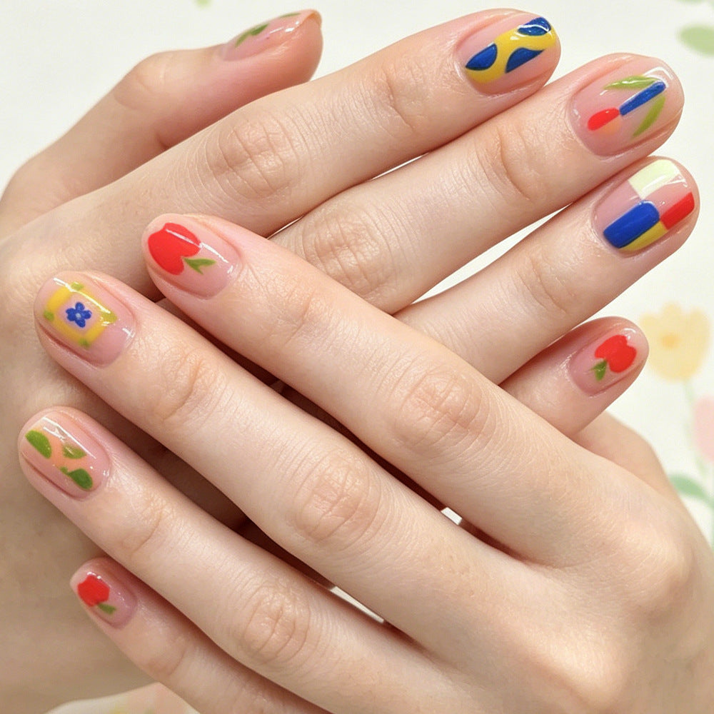 Whimsical Floral Medium Round Transparent Finish Press On Nail Set