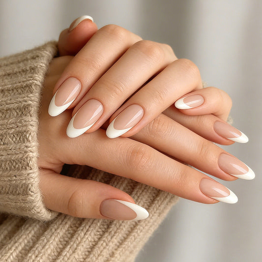 Chic Elegance Long Almond Shaped Beige and White Press On Nail Set with Glossy Finish