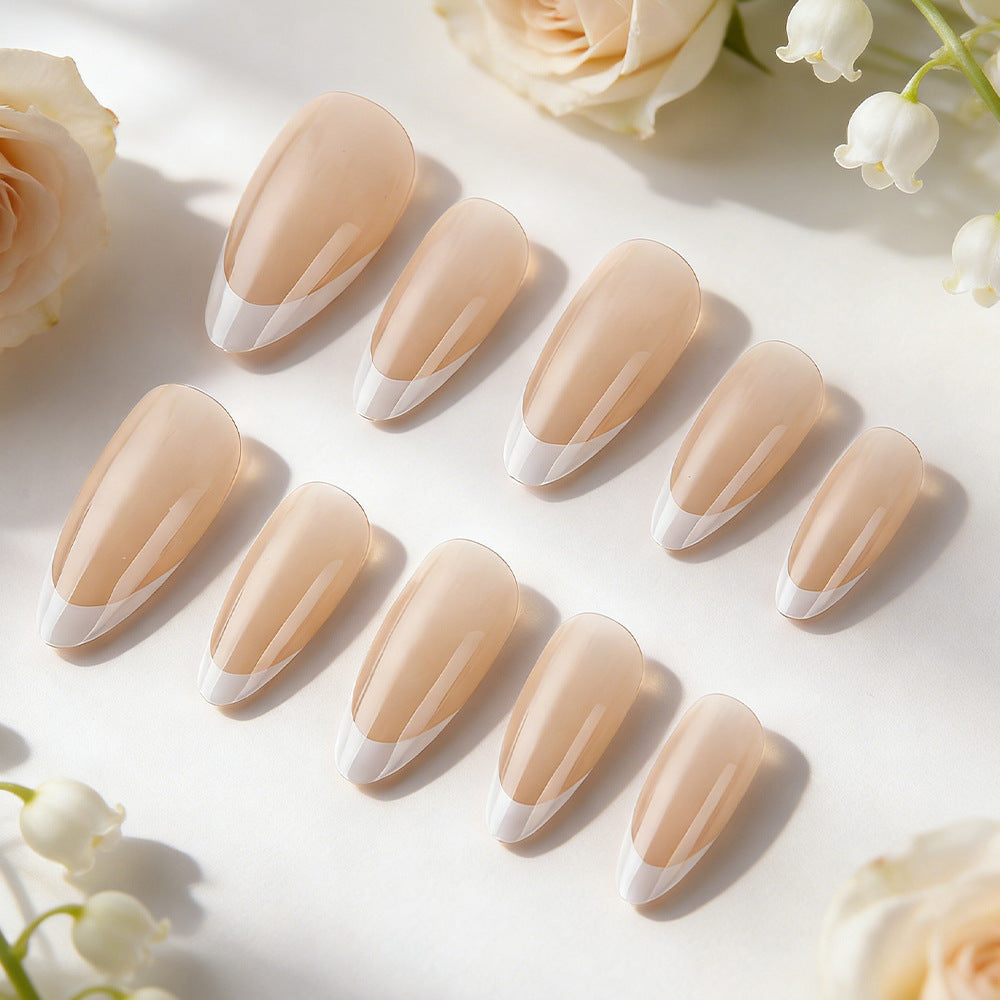 Elegant Garden Fantasy Long Almond Beige with Chic White Tips Press On Nail Set