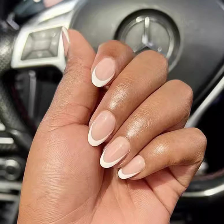 Chic Elegance Long Almond Beige Press On Nail Set with French Tips for Effortless Style